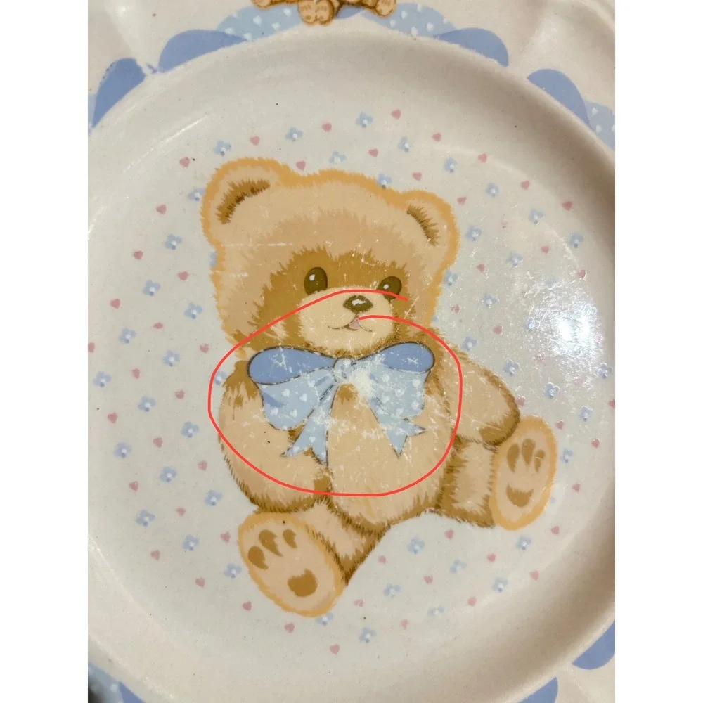 Vtg Tienshan Country Teddy Bear Ceramic Plates Set of 7‎ Blue Bow Stoneware